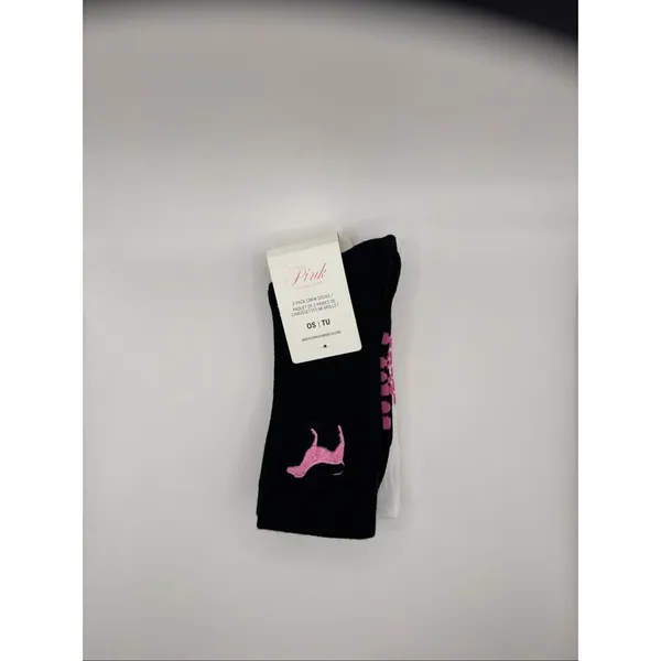 PINK Victoria’s Secret 2-Pack Crew Socks White Black One Size NWT - Image 2