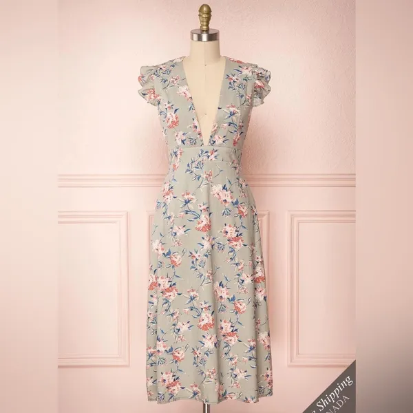 NWT Storia Linen Blend Floral Midi Dress Sage Green Pink V-Neck Size Medium - Image 2