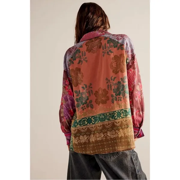 Free People Bohemian Patchwork Flower Patch Top Berry Combo Oversized Small Fall - Image 5
