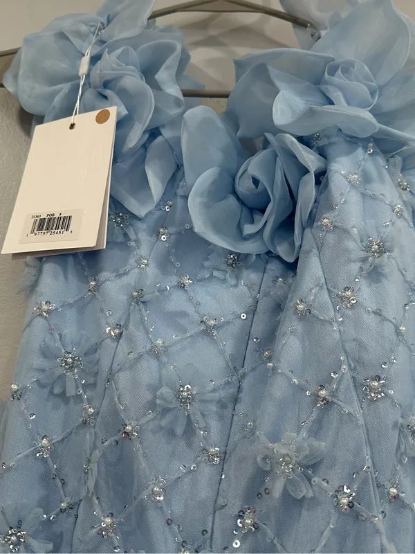 Mac Duggal 21363 Blue Off The Shoulder Embellished Dress With 3D Flower Sz 8 - Image 6