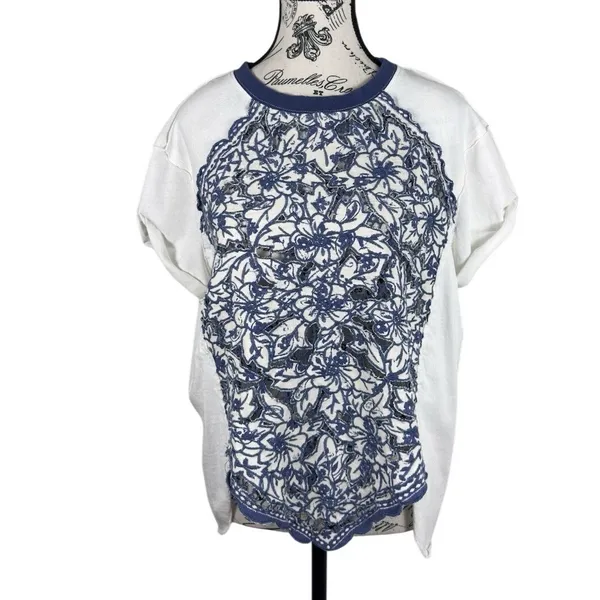 Free People Womens Top White Blue S Floral Boho Short Sleeve Relaxed Tunic - Image 2