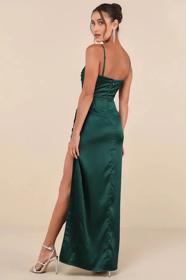 Lulus Luxurious Marvel Emerald Satin Ruched Column Maxi Dress - Image 3