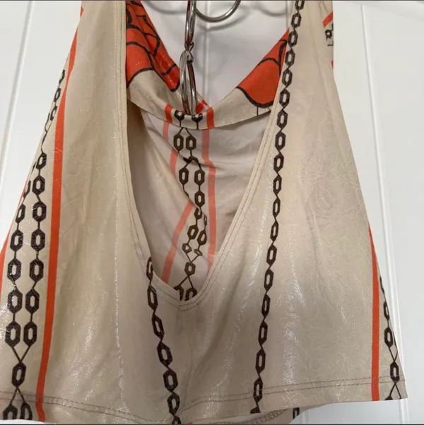 Y2K Backless Chain-Link Halter Top with Oversized O-Ring Hardware – Glossy Cream, Orange & Black - Image 7