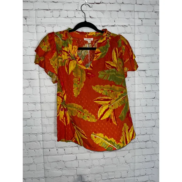 Haute Hippie Orange Tropical Floral‎ V-Neck Tiered Flutter Sleeve Blouse Small - Image 2