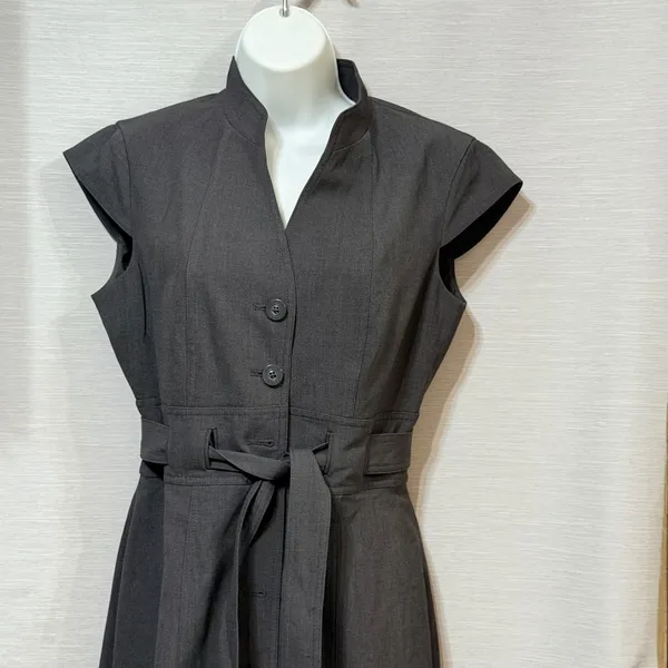 Calvin Klein Womens Charcoal Grey Button Front Belted Cap Sleeve Shirt Dress 4 - Image 5