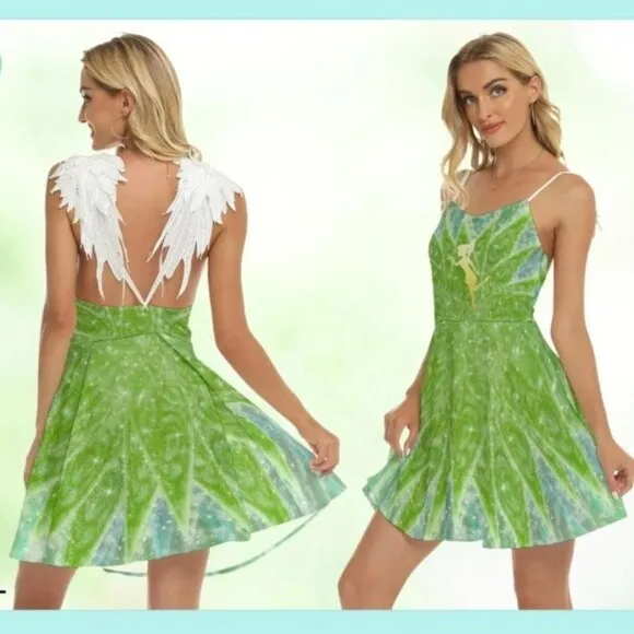 Tinkerbell Green Fairy Dress With Leafy wing Sleeves & Sparkling Small - Image 2