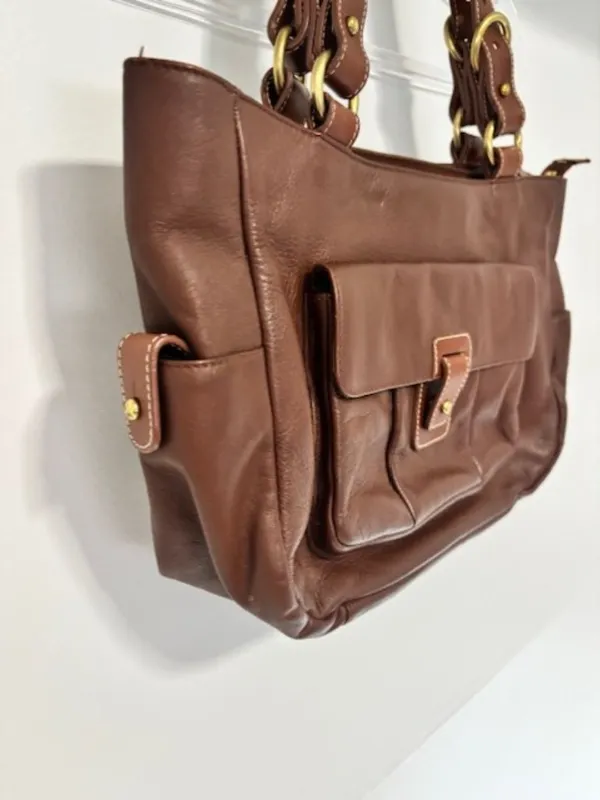 Lauren Ralph Lauren Brown Pebbled Leather Tote Shoulder Bag Brass Hardware - Image 2