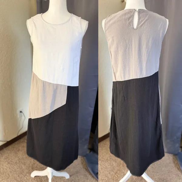 For Cynthia Linen Blend Colorblock Midi Dress Small Lagenlook Minimalist - Image 7