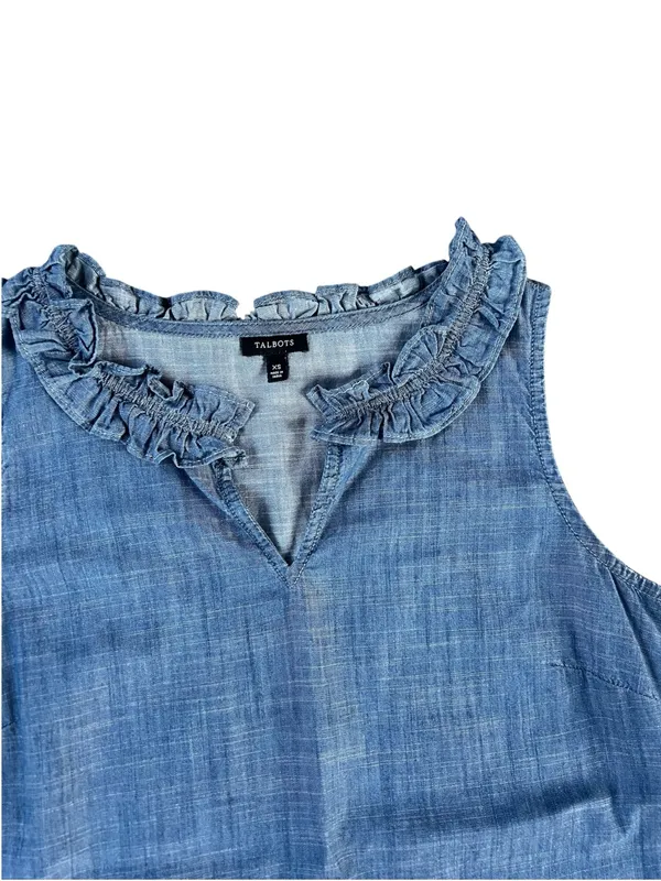 Talbots Denim-Effect Ruffle Neck Sleeveless Top - Blue - Image 2