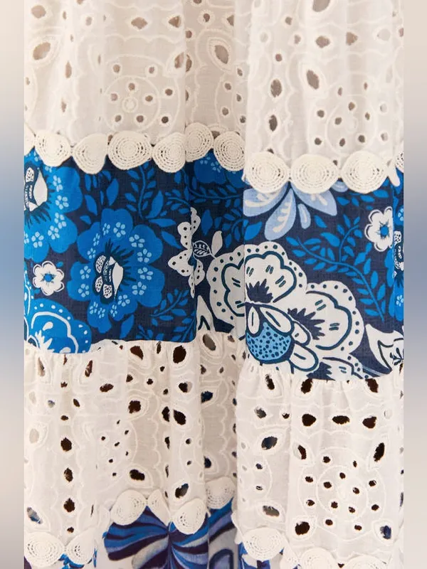 Farm Rio 100% cotton white blue tired maxi dress size xl - Image 4