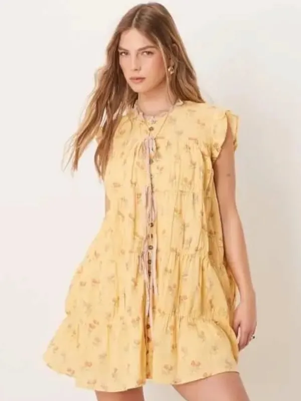 Free People Bohemian Prairie Sundown Mini Dress Tunic Top Sunshine Combo Large - Image 8