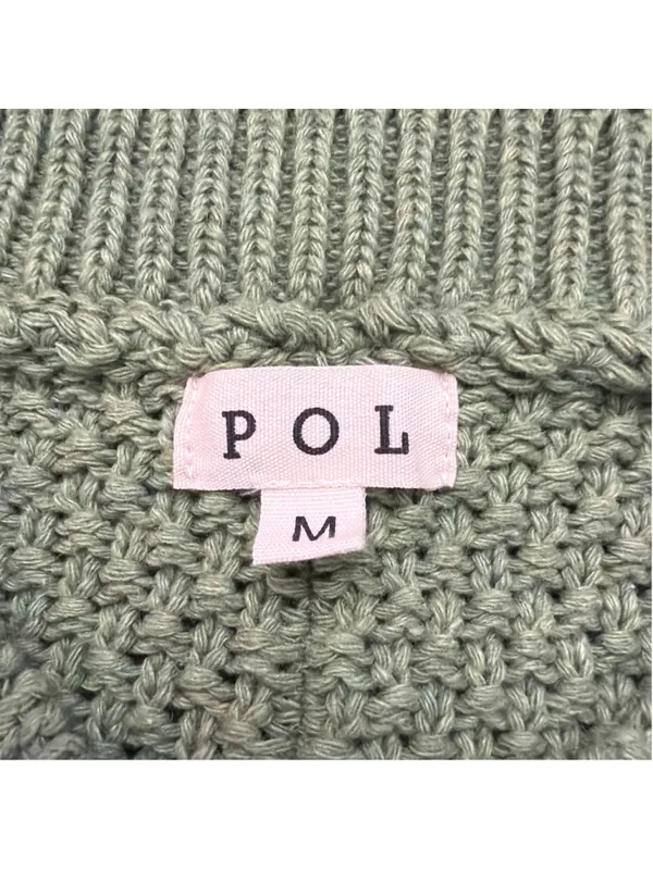 POL Sage Green Chunky Knit V-Neck Sweater Rainbow Stripe Sleeves Pocket M - Image 7