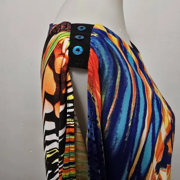 Bali M Multicolor Abstract Cold Shoulder Split Sleeve Top Lagenlook Avante Garde - Image 6