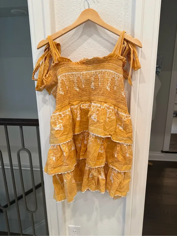 Cleobella Mustard Floral Smocked Tiered Mini Dress Size XL - Image 4