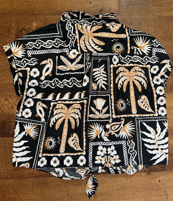 Rose+Olive Shirt Sleeve Tie Front Boho Floral Tropical Print Top XL - Image 5