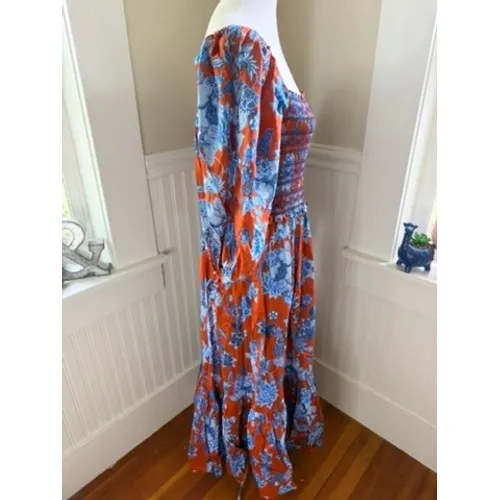 Cara Cara Jazzy Floral Smocked Maxi Dress Puff Sleeve Orange Blue Size Medium - Image 11