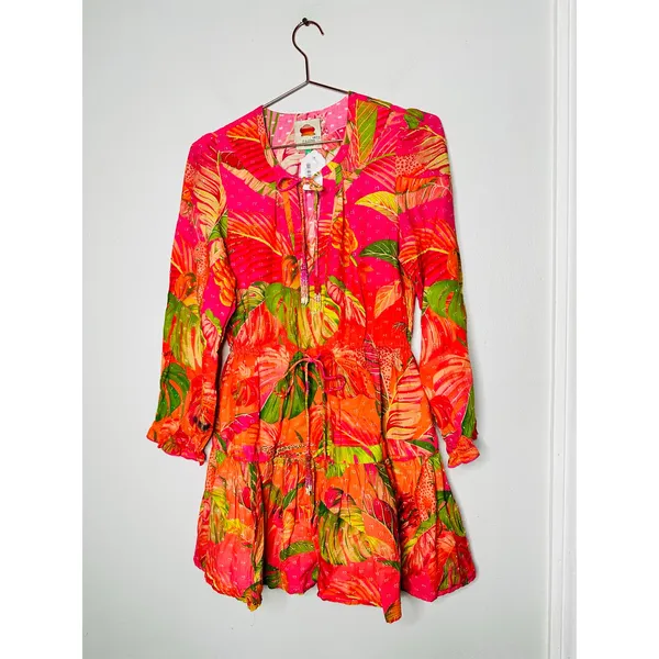 FARM RIO Pink Orange Floral Cotton A-Line Tie Waist Ombre Forest Mini Dress S - Image 4