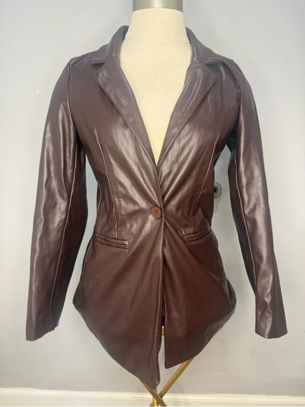 Princess Polly Chocolate Brown Faux Leather Blazer - Image 4