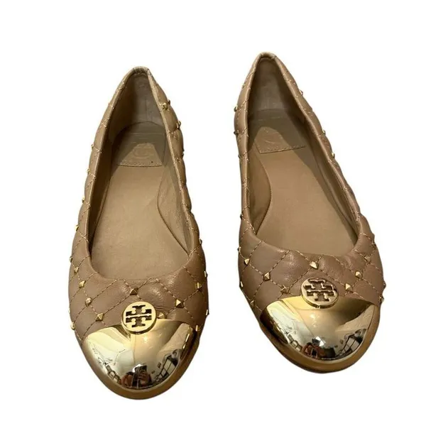 Tory Burch Kaitlin Taupe Gold Cap Toe Studded Medallion Slip On Ballet Flats 6.5 - Image 3