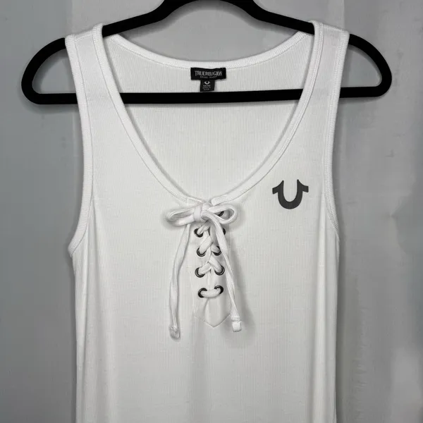 True Religion M Horseshoe Logo Stretch Lace Up Midi Dress Tank Top White $129 - Image 5
