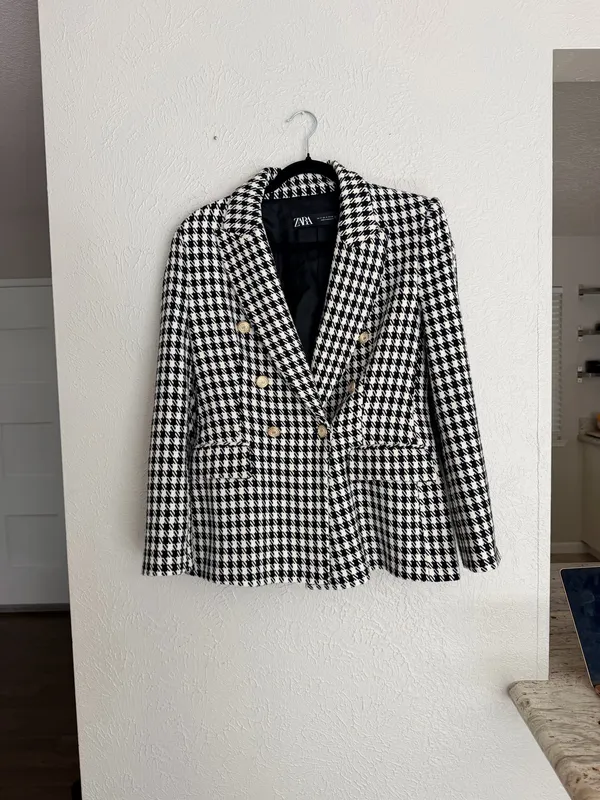 Zara houndstooth double breasted gold button oversized blazer jacket M  - Image 7