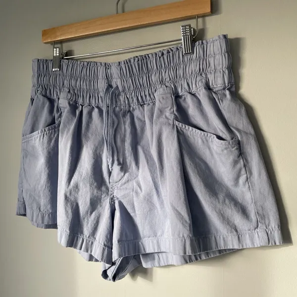 Aerie Pleated Relaxed Fit Shorts Drawstring 100% Cotton Blue Women's Size Large - Image 3
