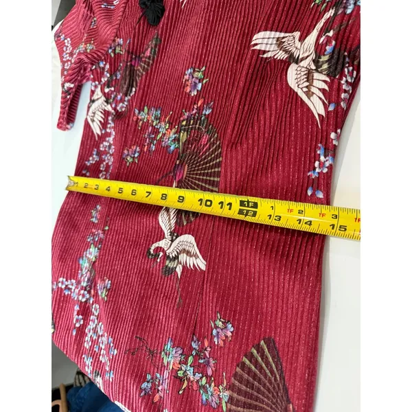 Burgundy Red‎ Crane Floral Pleated Qipao Cheongsam Dress Mandarin Collar L - Image 7