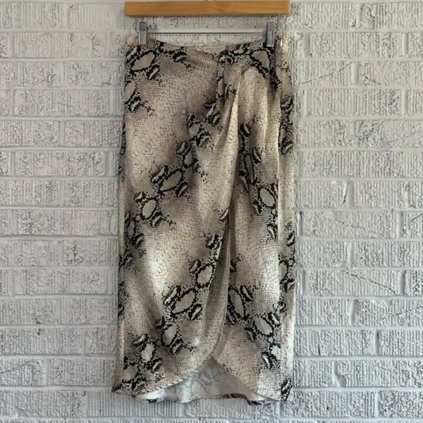 Snake Print Satin Wrap Midi Skirt Gray Silver Womens Small Indie Y2K - Image 6