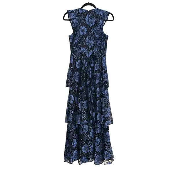 Lulu's Molinetto Black and Blue Floral Lace Tiered Sleeveless Maxi Dress XS - Image 4