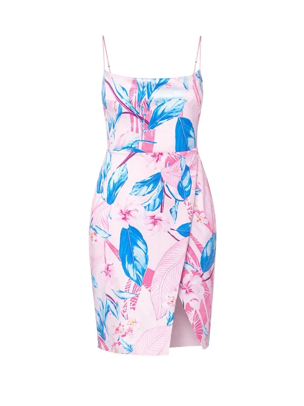 Boutique Pink Tropical Floral Mini Dress Slit Bodycon Vacation Chic 🌸✨M - Image 3