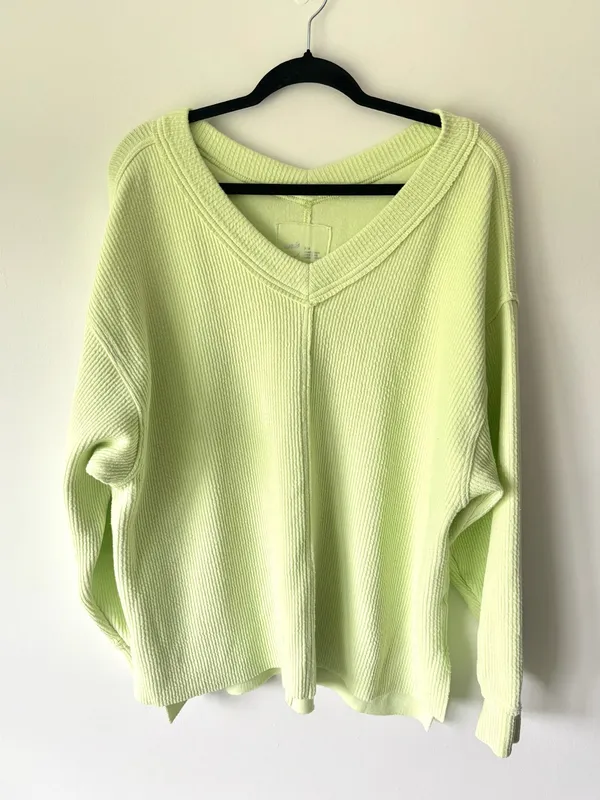 Aerie Wonder Textured V-Neck Sweatshirt Green Glow Oversized Loungewear Neon - Image 4
