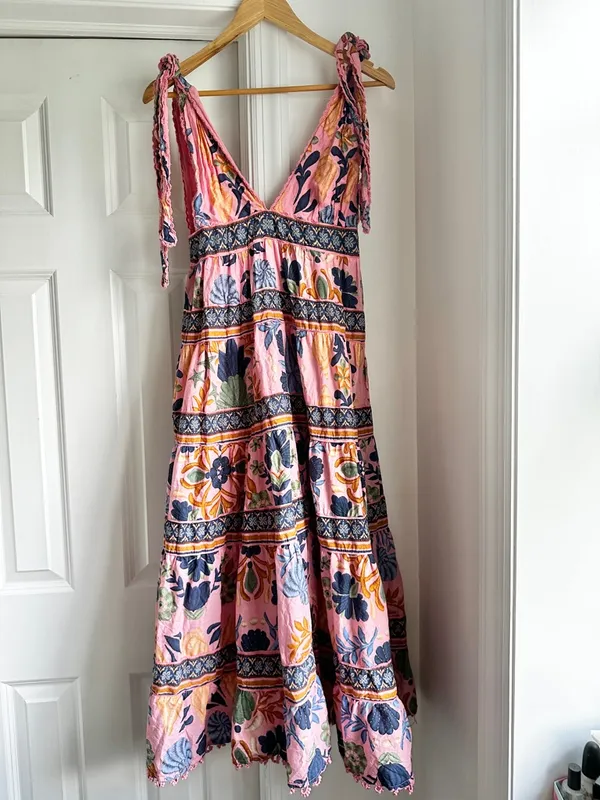 Farm Rio Seashell Tapestry Sleeveless Pink Floral Tie-Shoulder Maxi Dress - Image 7