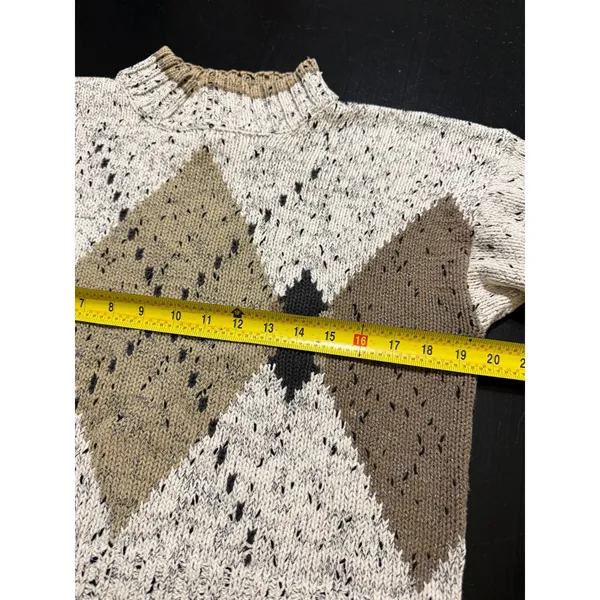 Vintage Accordeon Argyle Knit Sweater Cream Tan Speckled Mock Neck Size M - Image 3