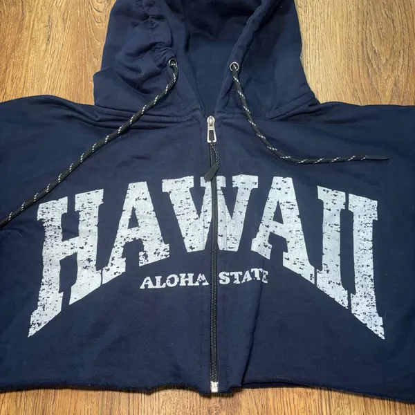 RR Hawaii Resort Navy Blue Cropped Zip Up Hoodie Hawaii Aloha State Womens M - Image 6