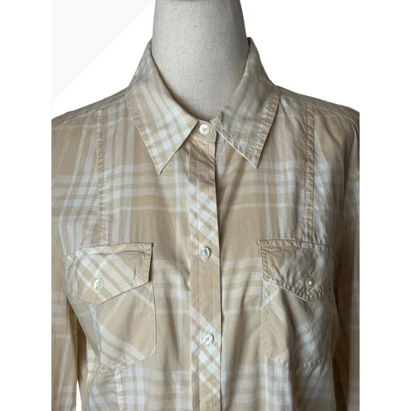 Banana Republic Button Down Shirt Women Medium Tan Plaid Cotton Top Preppy - Image 5