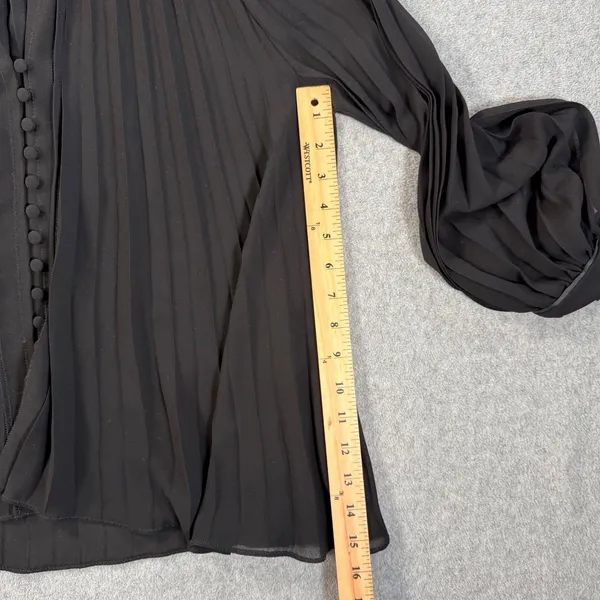 Zara Black Sheer Pleated Blouse Women's Medium Faux Leather Collar Button V-Neck - Image 5