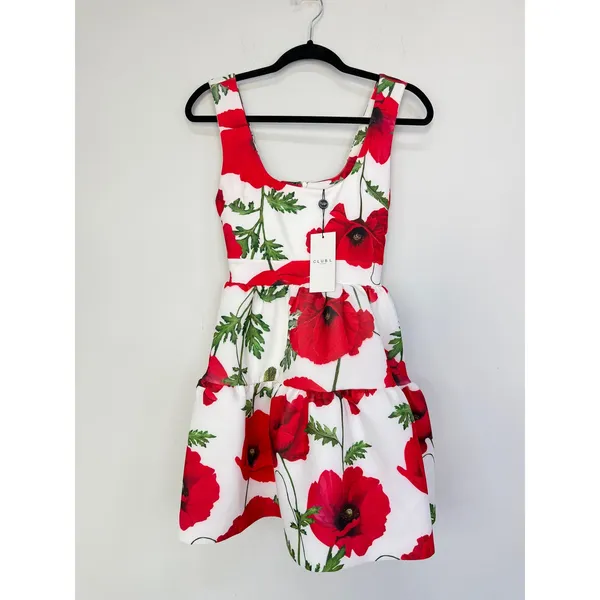 NEW Club L London ALIA Poppy Print Scoop-Neck Tiered Volume Hem Mini Dress US 4 - Image 3
