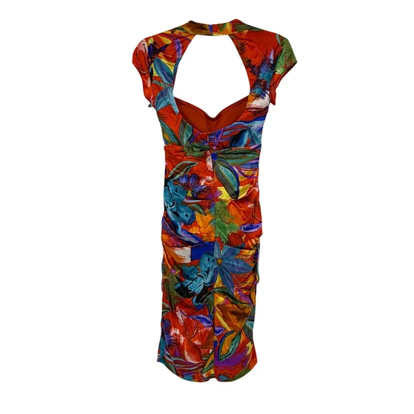 Vintage Cache Dress Size 2 Orange Abstract Floral Open Back Silk Blend Y2K Midi - Image 2
