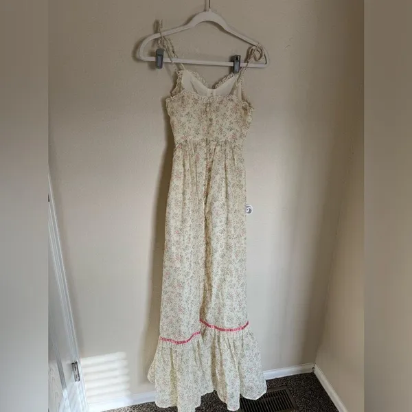 Vintage 70s Candi Jones Ditsy Floral Sun Maxi Dress Sz‎ XXS Strappy Ties Yellow - Image 6