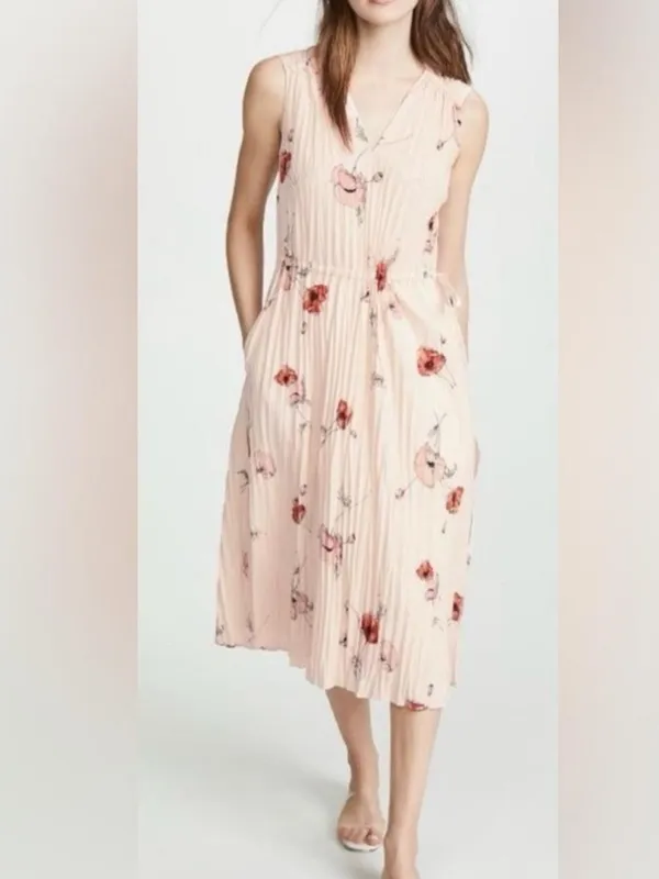 Vince‎ Tossed Poppy Pink V-Neck Pleated Midi Sleeveless Dress - Size S. - Image 4