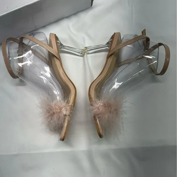 Pink Feathered Heels Women 7.5-8 39 Pink/Beige Strappy‎ Transparent Heel Elegant - Image 6