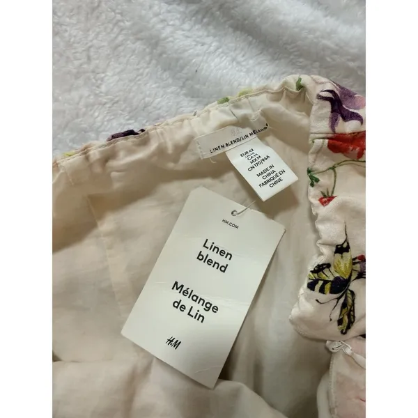H&M Linen Blend Floral Off Shoulder Puff Sleeve LaceUp Back Dress size M -42 - Image 11