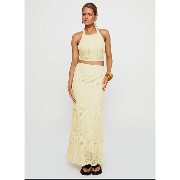Princess Polly Crochet Halter Neck Tie Back in Yellow Size M/L - Image 2