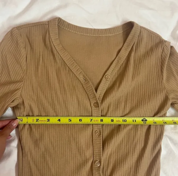 Khaki Brown V-Neck Button Up Slim Fit Cotton Cardigan Top Size Large - Image 6