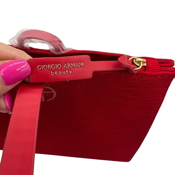 Giorgio Armani Red Beauty Zipper Wristlet Cosmetic Bag Clutch Textured Zip‎ Top - Image 4