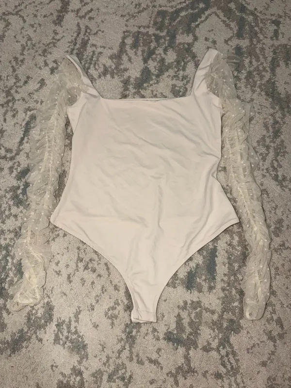 Free People Must Be Love Tulle Trim Long Sleeve Bodysuit Ivory M - Image 3