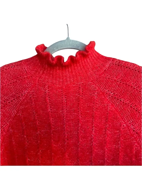 SEZANE Bright Red Mohair Merino Wool Knit Ruffle High Neck Sweater Loris Jumper - Image 9