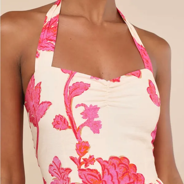 LULU’S Layton Pink And Cream Floral Halter Maxi Dress - Image 3