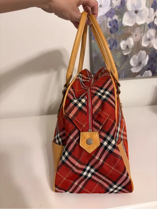 Vintage Burberry Blue label nova red plaid Boston Bowling Bag canvas leather - Image 4