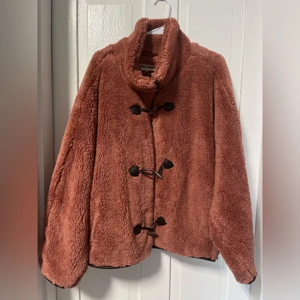 Free People Junie Teddy Jacket contrast faux leather toggle trim Rose Pink L - Image 3